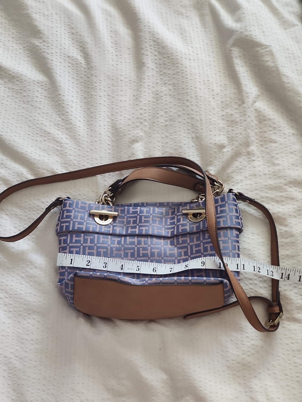 Tommy Hilfiger Blue Patterned Crossbody Bag with Tan Trim